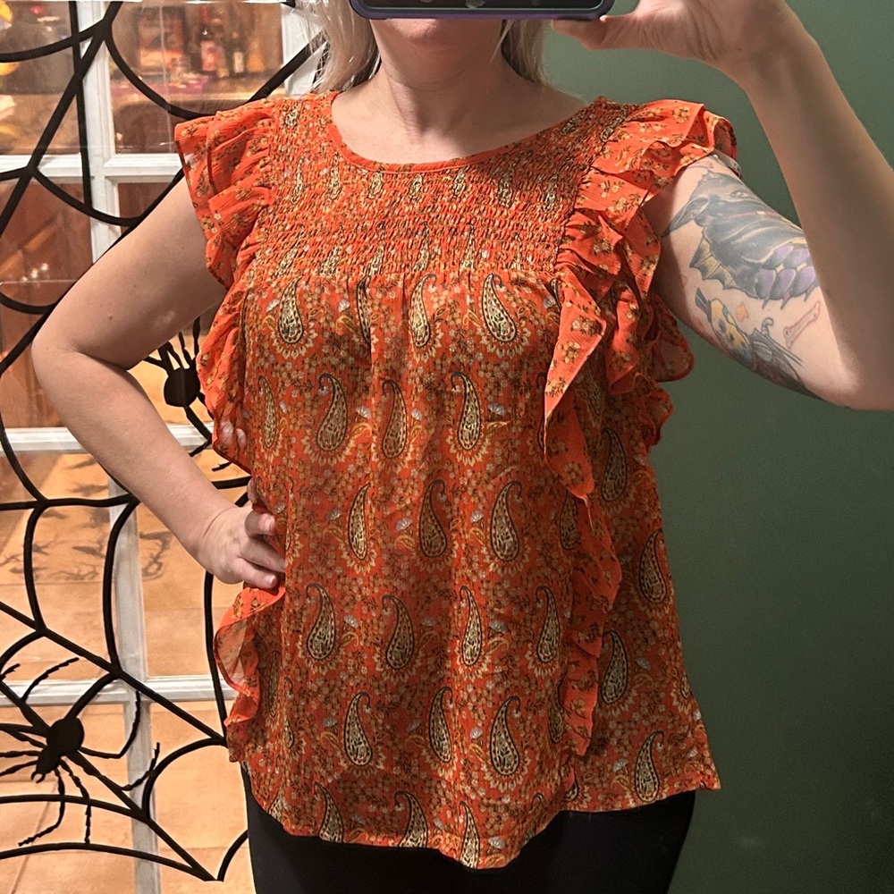 DR2 Burnt Orange Paisley Sheer Blouse